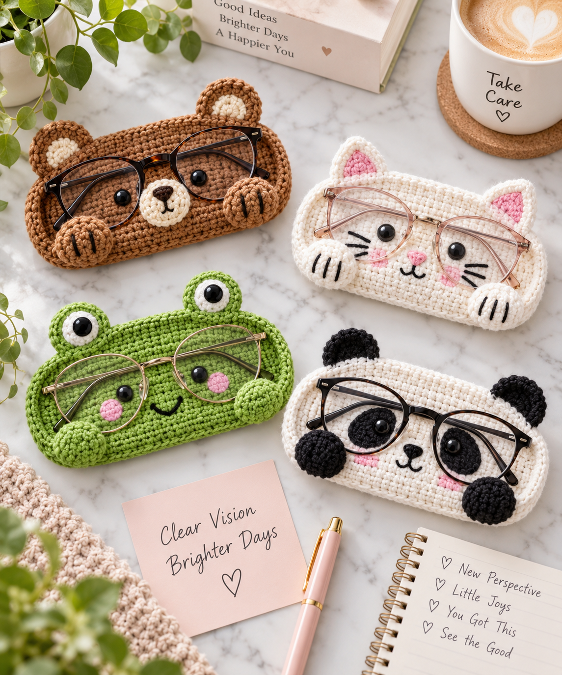 Vier gehäkelte Tier-Brillenhalter: Bär, Katze, Frosch, Panda