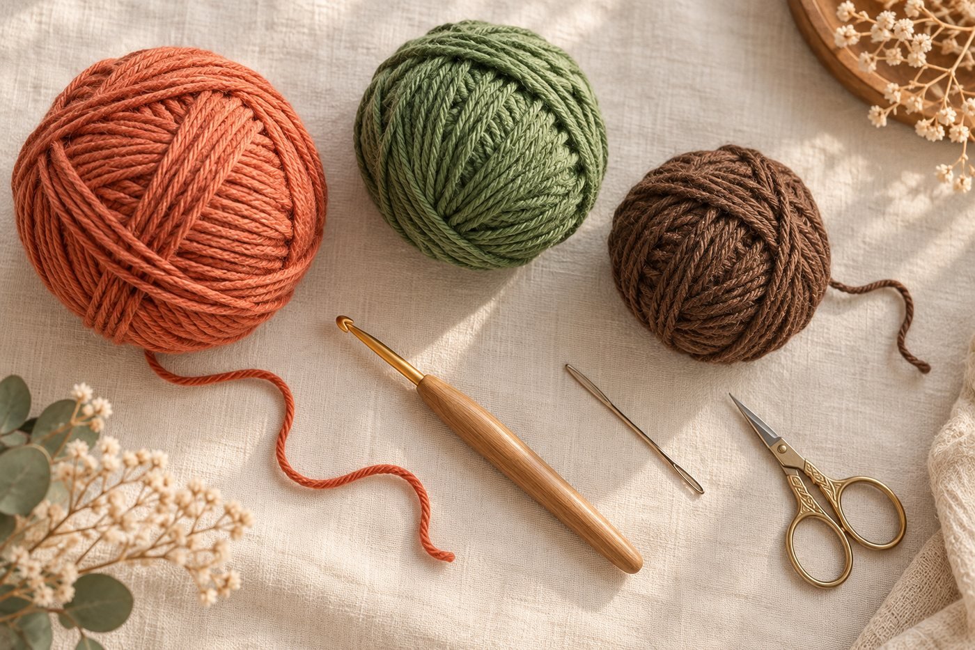 Baumwollgarn in Orange, Gr&uuml;n und Braun mit H&auml;kelnadel, Wollnadel und Schere