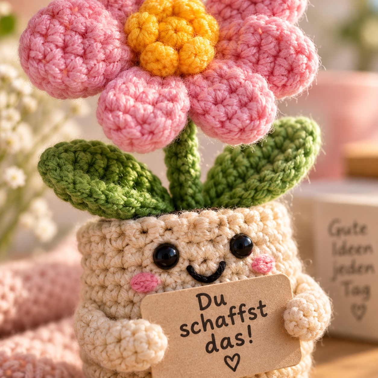 Nahaufnahme einer gehäkelten Pocket Hug Blume mit Gesicht und Schild