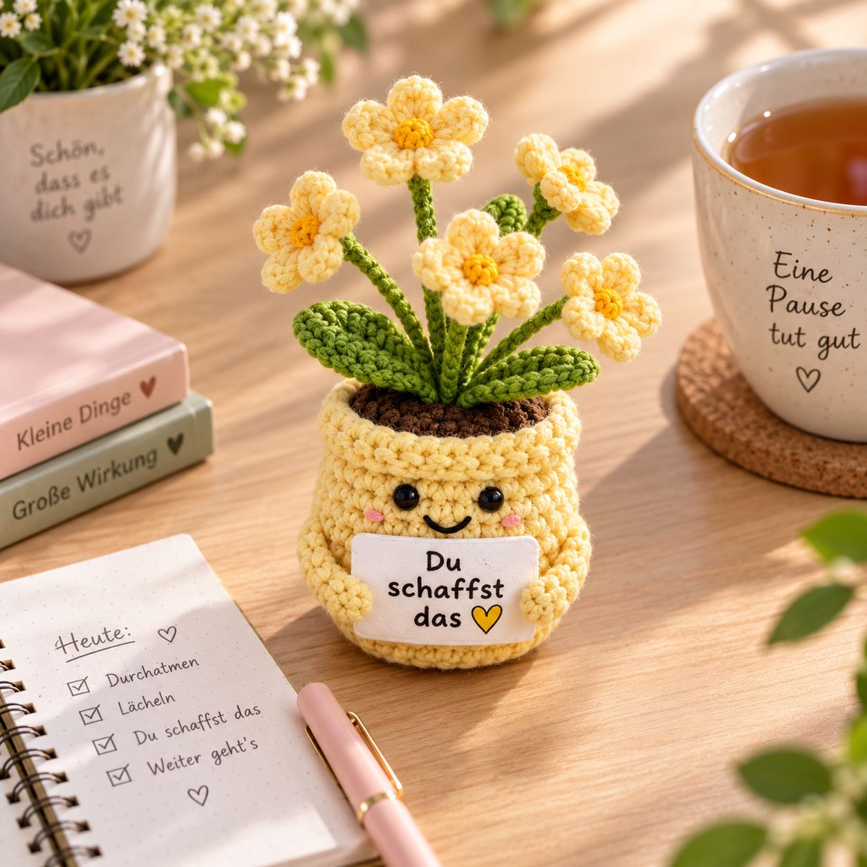 Pocket Hug Blume häkeln – Mutmacher-Geschenk mit Herz