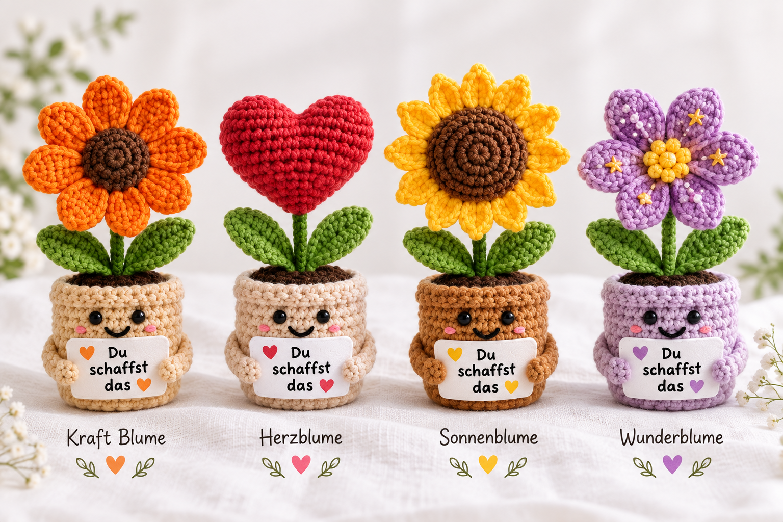 Vier Varianten der Pocket Hug Blume