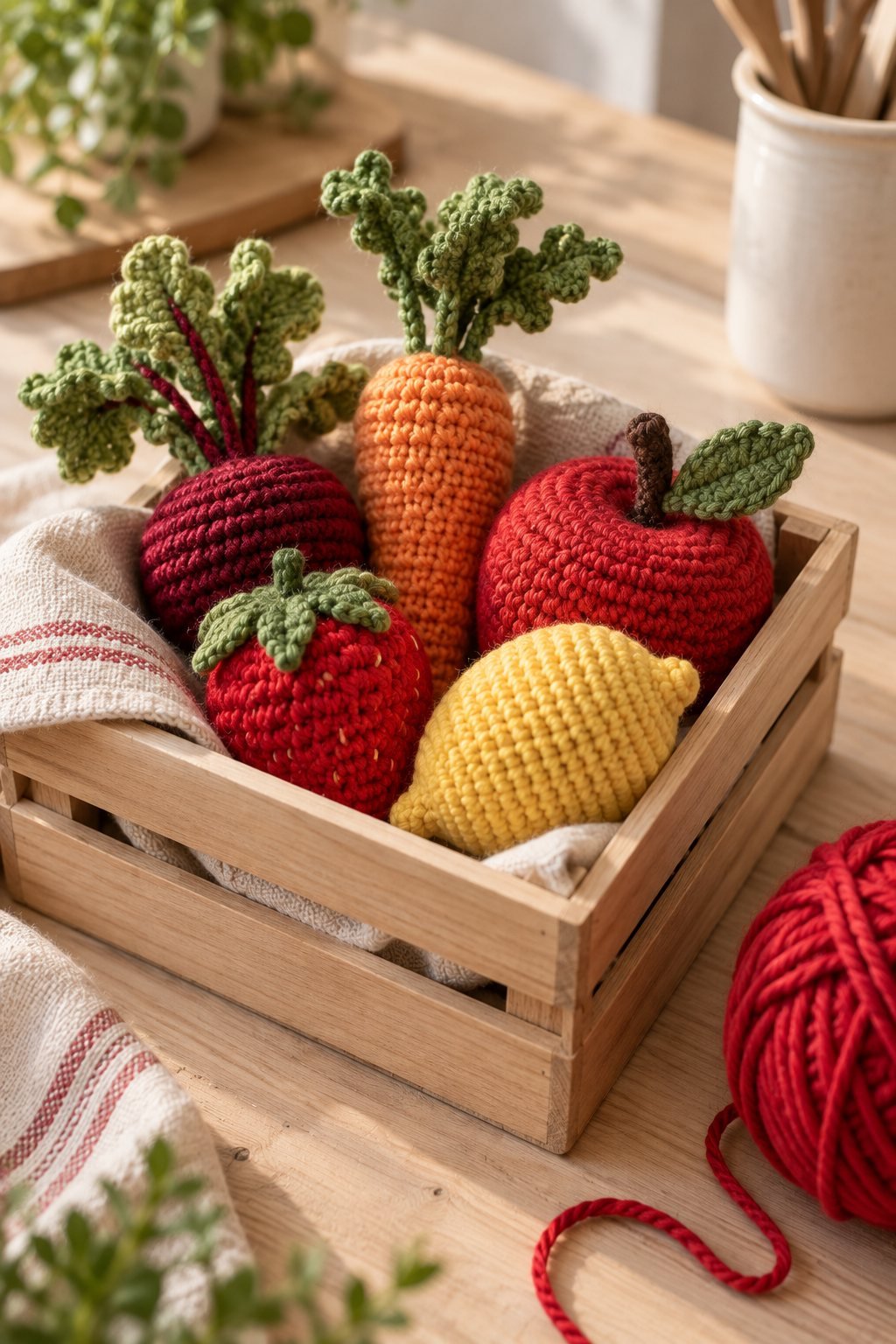 Geh&auml;keltes Obst und Gem&uuml;se f&uuml;r die Spielk&uuml;che in einer Holzkiste