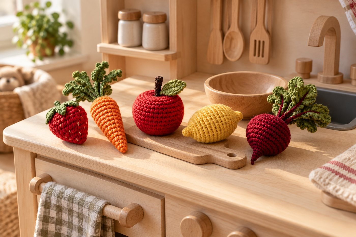 Geh&auml;keltes Spielzeug-Obst auf einer Kinder-Spielk&uuml;che aus Holz