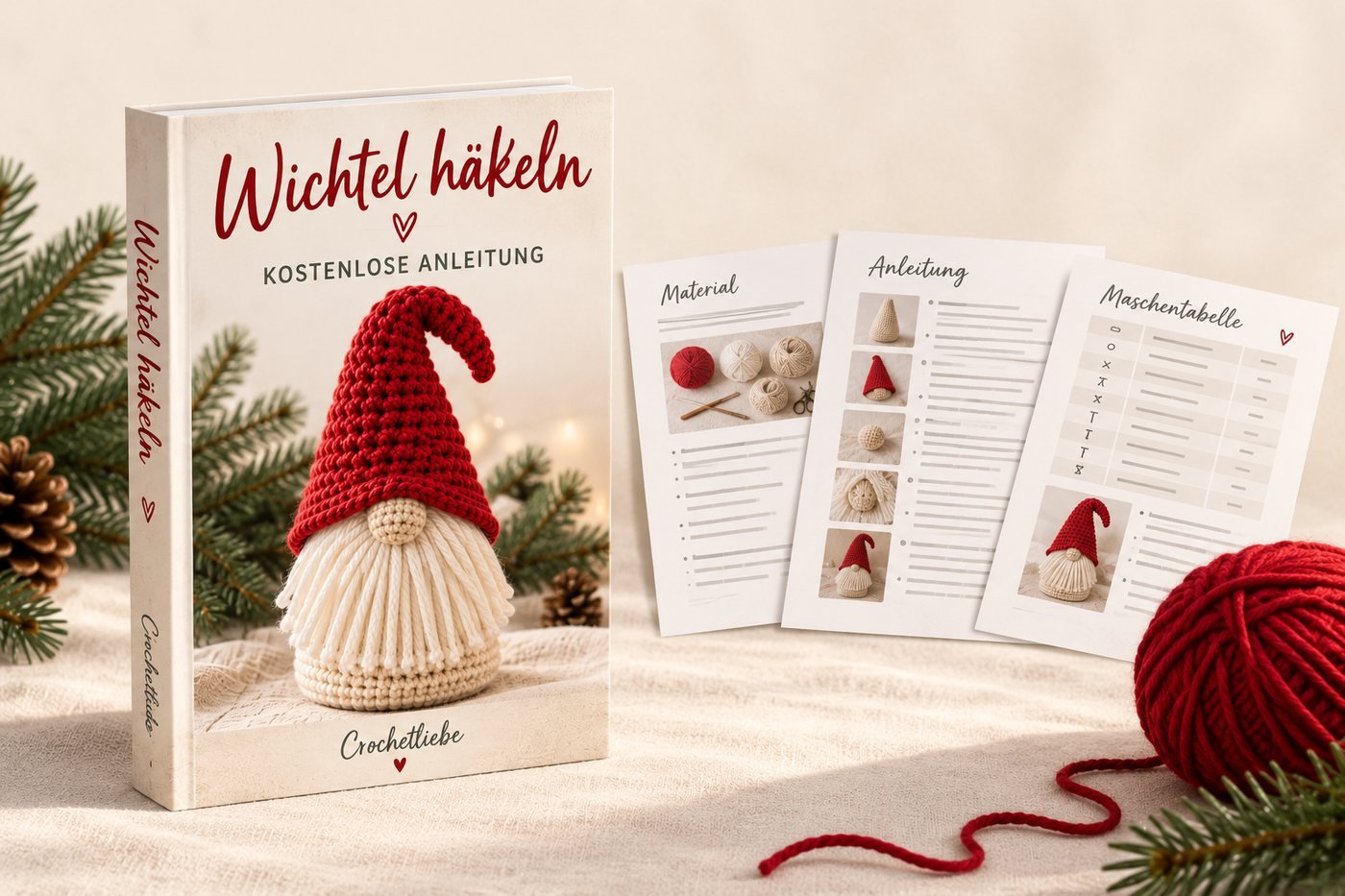 Die Wichtel-H&auml;kelanleitung als PDF &ndash; Buch-Ansicht mit Material, Anleitung und Maschentabelle