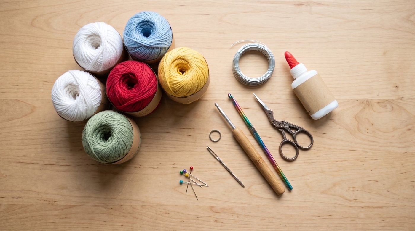 Material für das Windspiel: Garn, Häkelnadeln, Draht, Kleber
