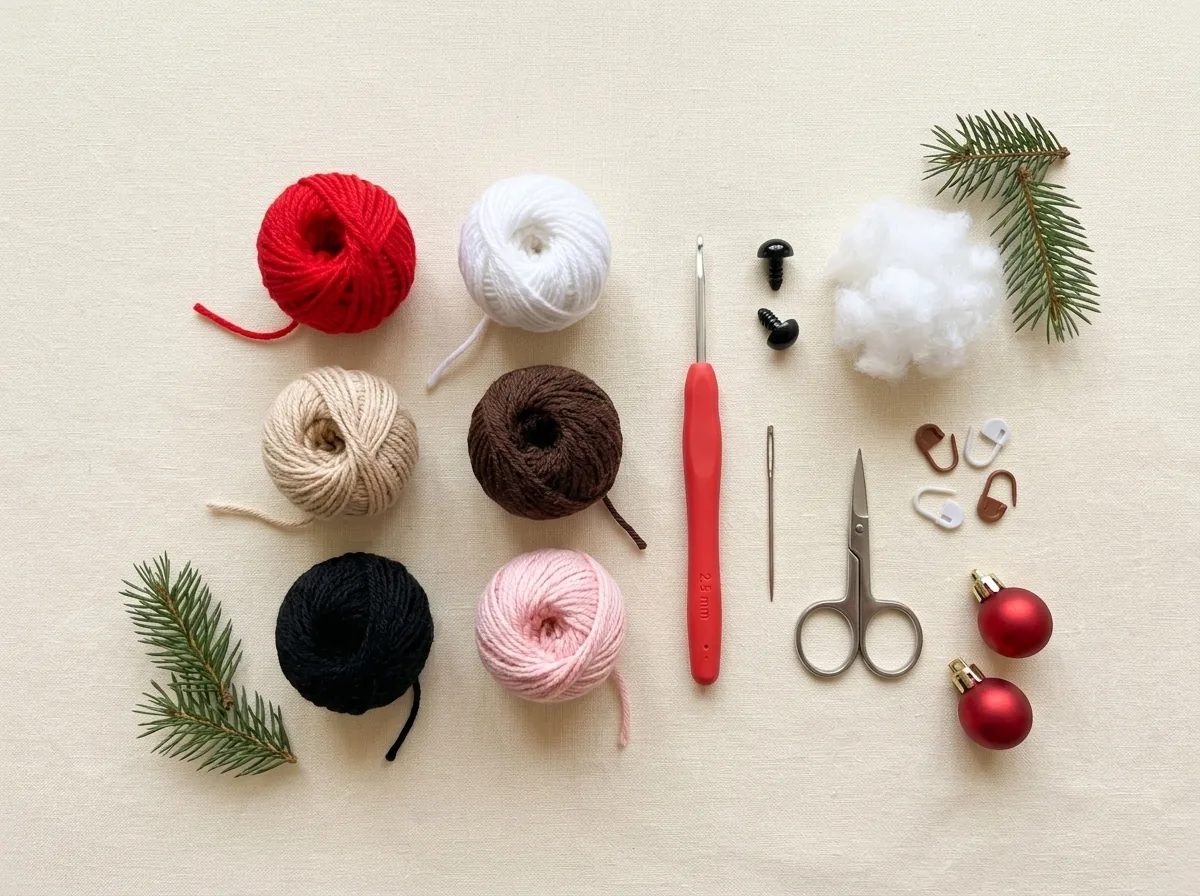 Häkelmaterial für die Santa-Katze: Garn in Rot, Weiß, Beige, Braun, Schwarz und Rosa, Häkelnadel 2,5 mm, Sicherheitsaugen und Füllwatte