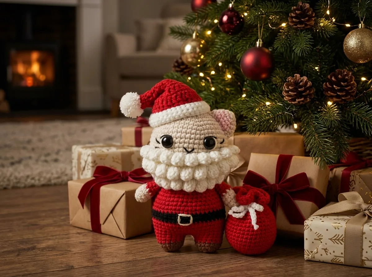 Fertige gehäkelte Santa-Weihnachtskatze als Geschenk unter einem geschmückten Weihnachtsbaum