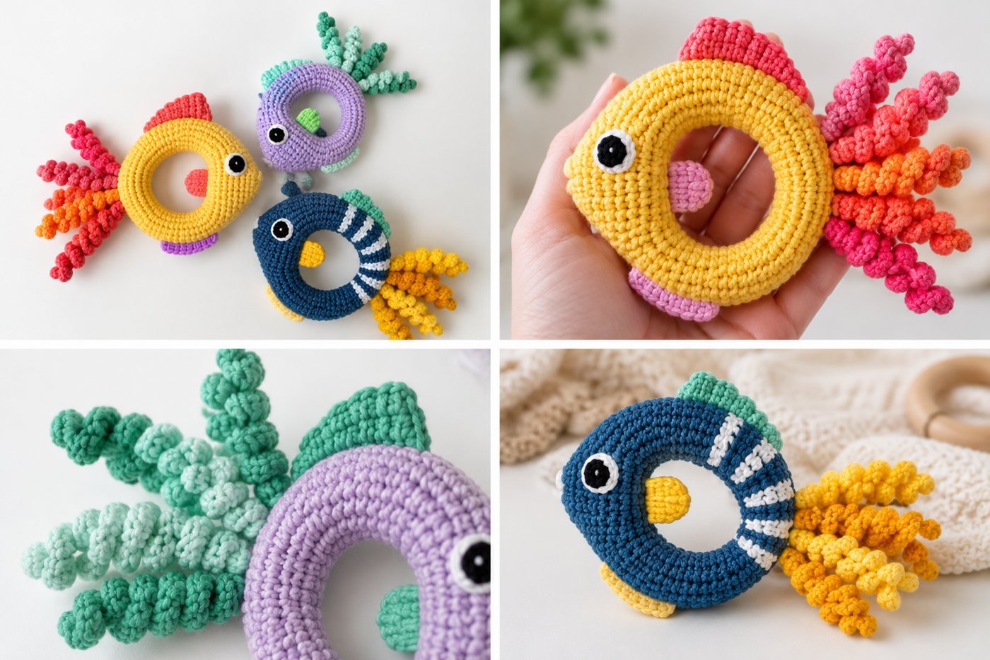 Bunte gehäkelte Fisch-Rasseln mit Spiralflossen