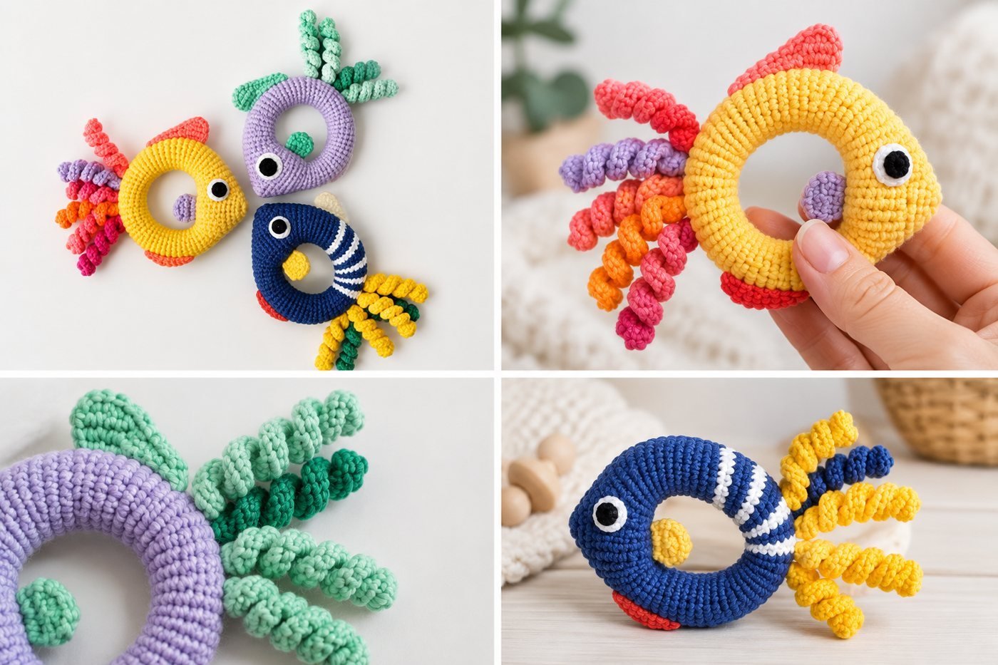 Gehäkelte Ring-Rassel Flossi als Fisch in Sonnengelb mit Regenbogen-Spiralen am Schwanz