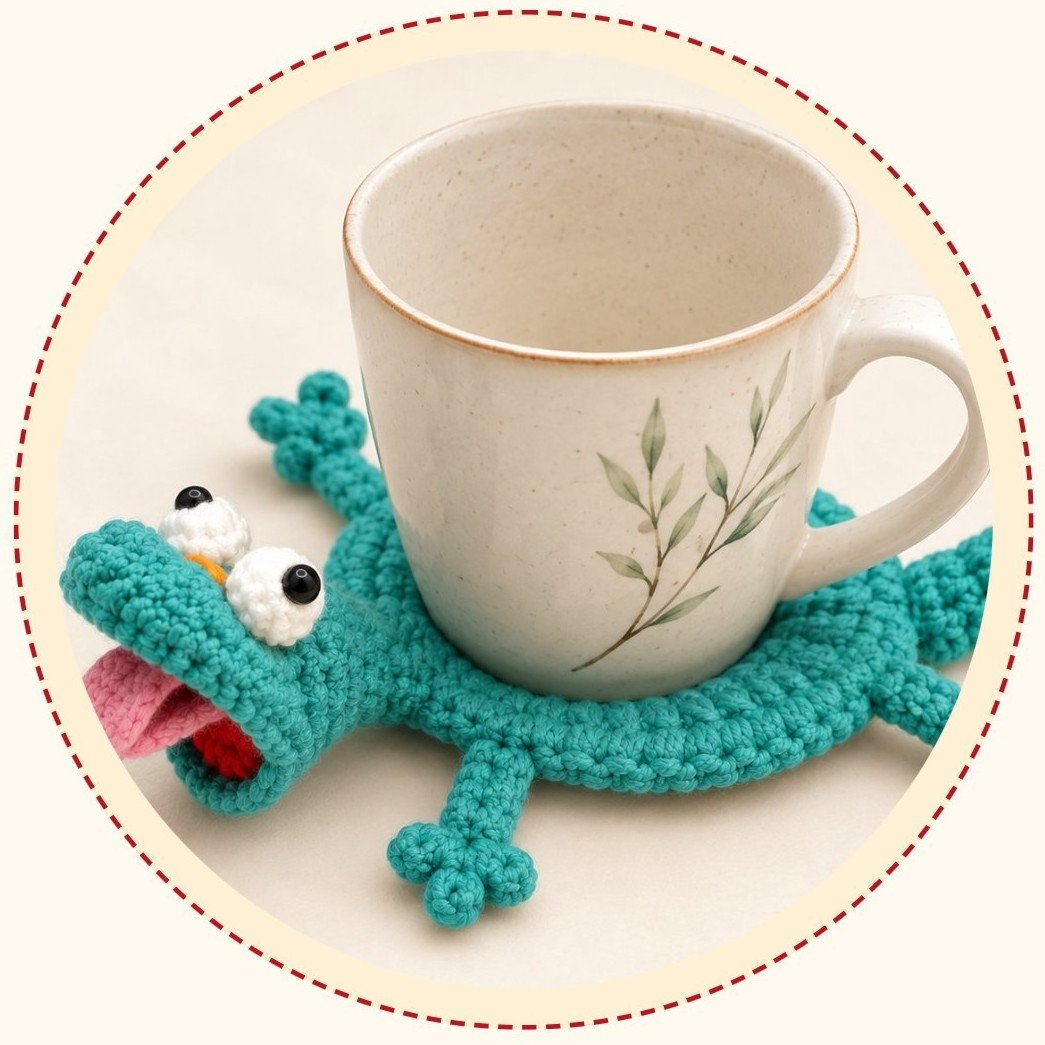 Fertiger gehäkelter Gecko-Untersetzer mit einer Tasse in der Mitte