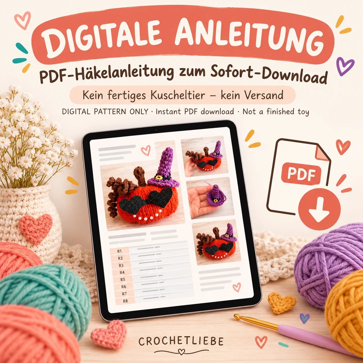 Tablet mit der PDF-Anleitung für den Halloween-Kürbis, daneben das PDF-Symbol: nur digitale Anleitung, kein fertiges Kuscheltier