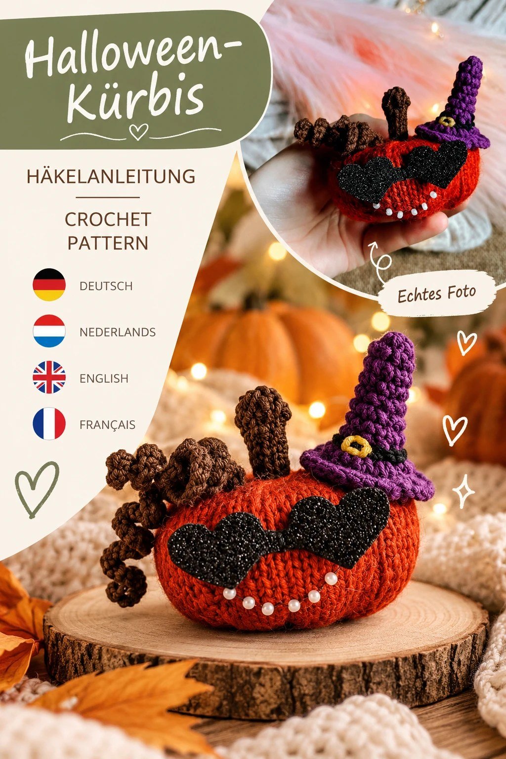 Halloween-Kürbis mit Hexenhut: Strick- und Häkelanleitung (PDF)