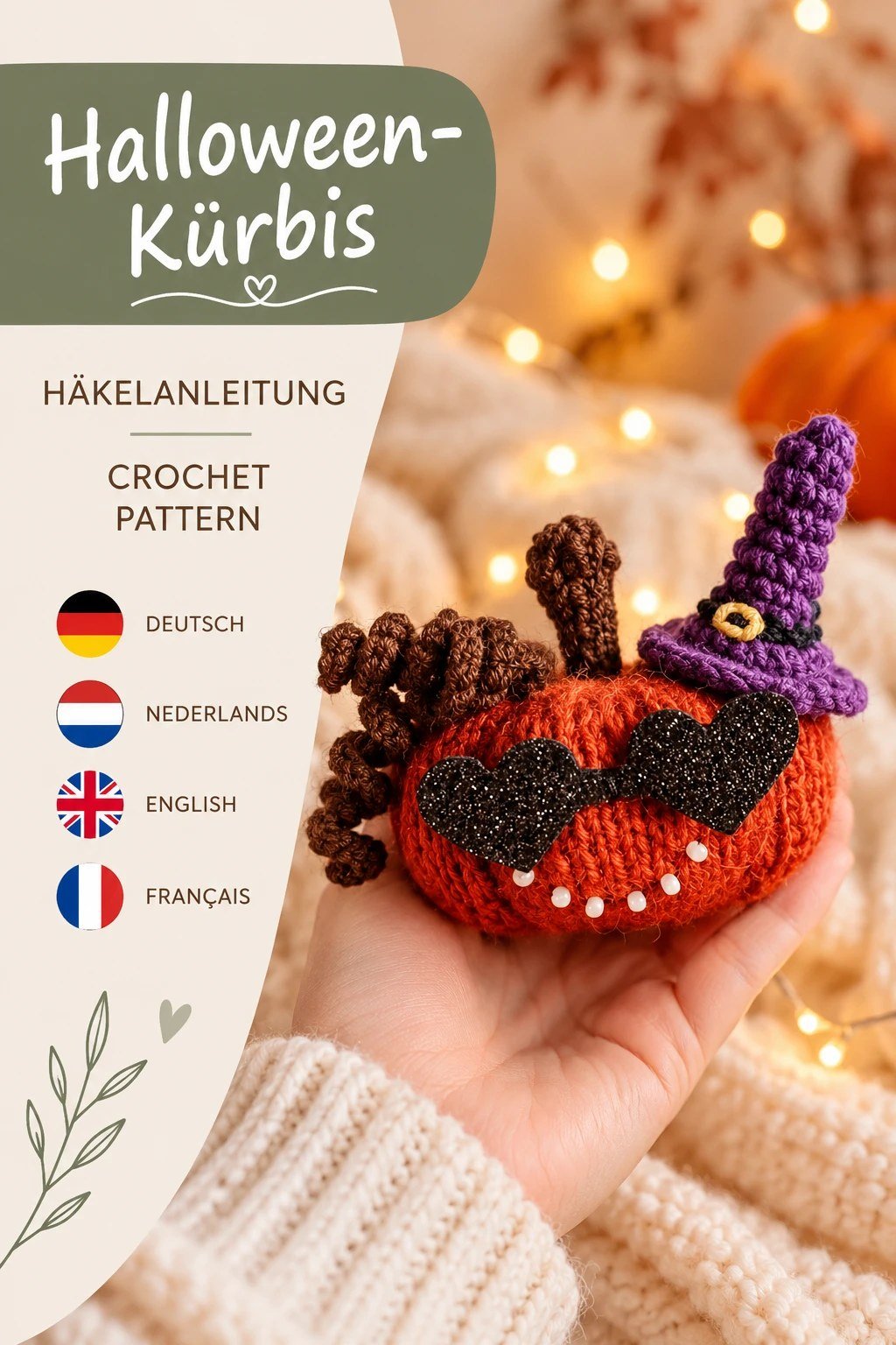 Halloween-Kürbis in der Hand mit den Flaggen der vier Sprachen: Deutsch, Niederländisch, Englisch, Französisch