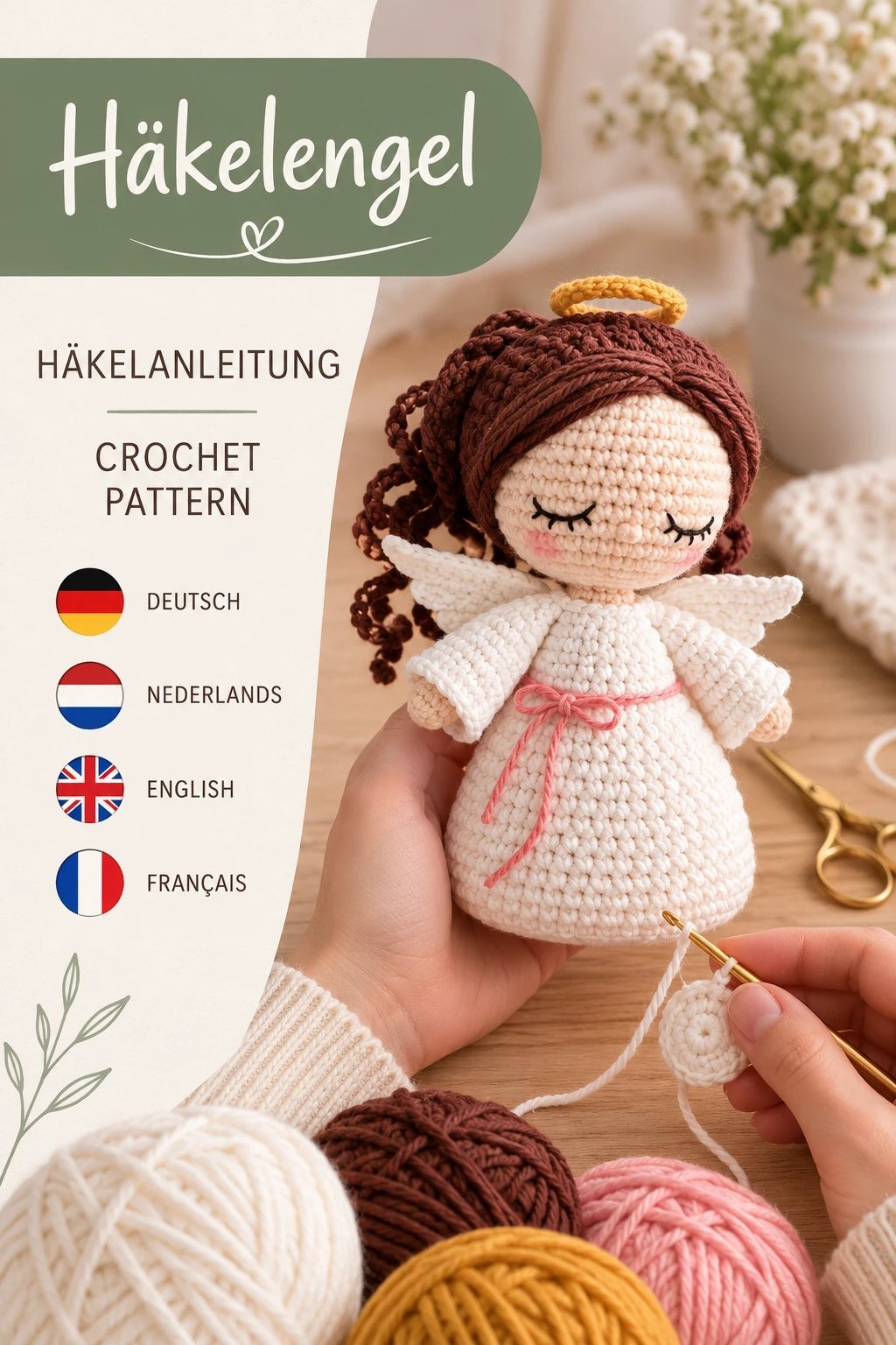 Häkelengel mit Titelschrift und den Flaggen der vier Sprachen: Deutsch, Niederländisch, Englisch, Französisch