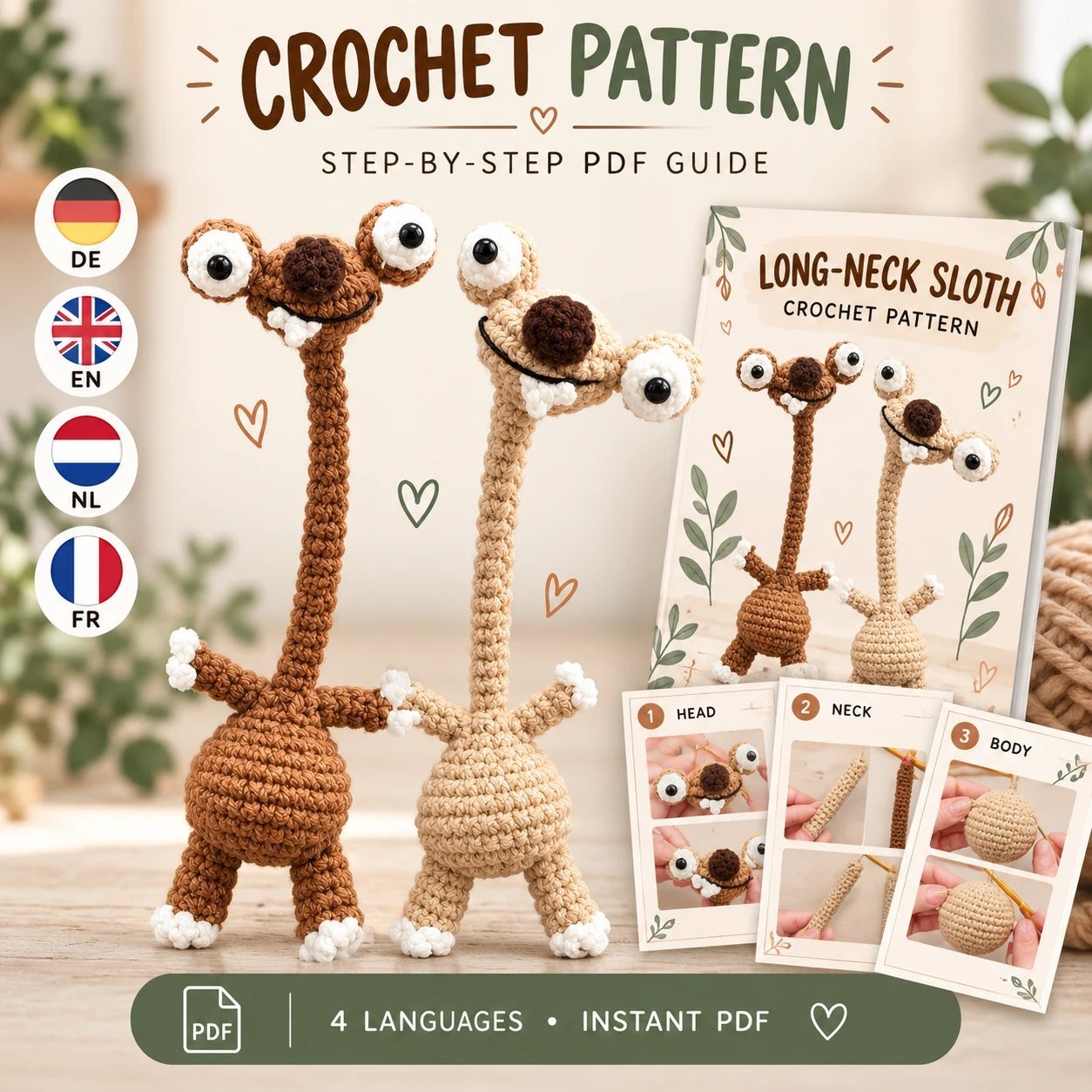 Langhals-Faultier häkeln: Amigurumi-Anleitung (PDF)