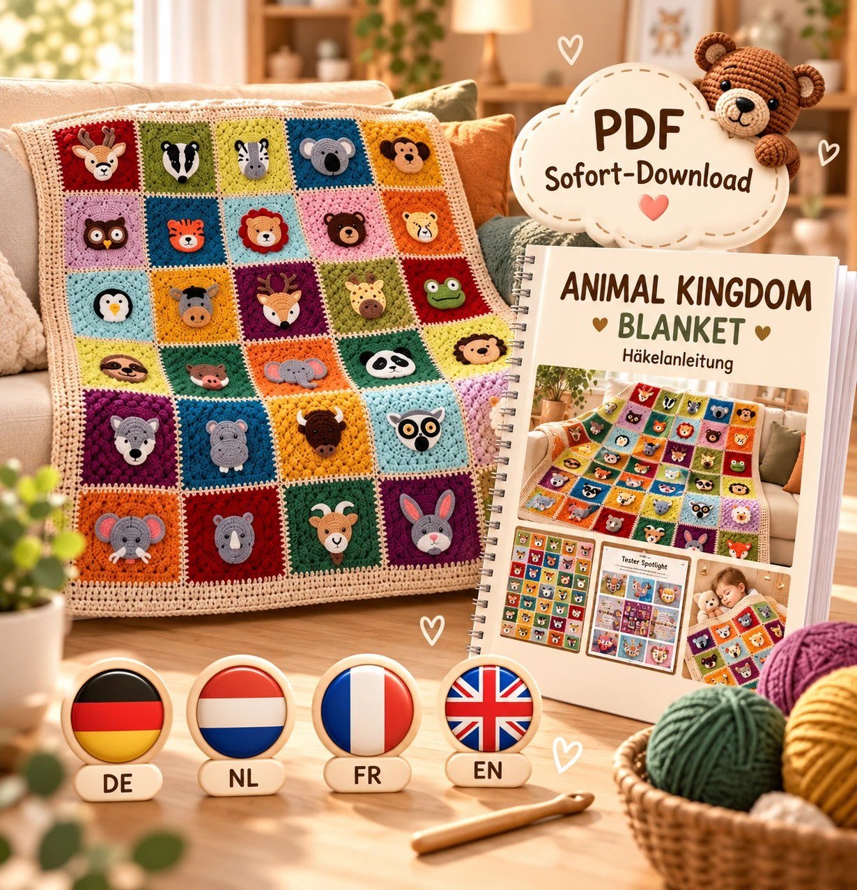 Tierdecke auf dem Sofa, daneben die PDF-Anleitung Animal Kingdom Blanket und die Flaggen der vier Sprachen Deutsch, Niederländisch, Französisch, Englisch